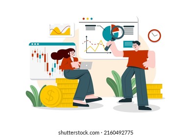 Konzept der Stockanalyse-Illustration. Flache Illustration einzeln auf weißem Hintergrund