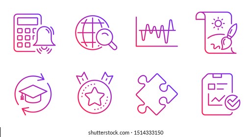 Stock analysis, Internet search and Creative painting line icons set. Calculator alarm, Strategy and Continuing education signs. Ranking star, Report checklist symbols. Vector