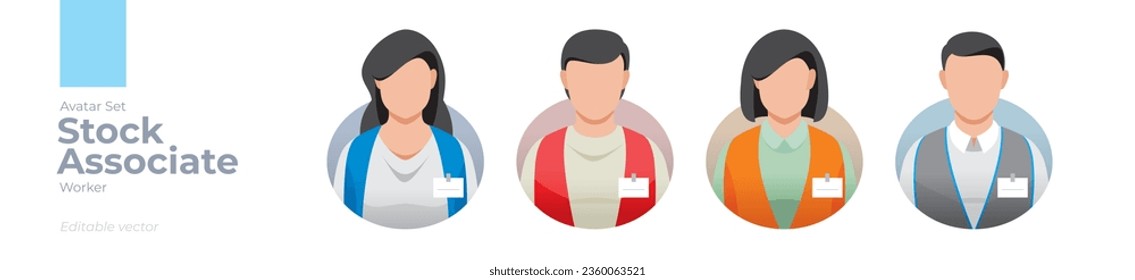 Iconos de avatar de imagen de trabajador asociado de acciones. Ilustración de hombres y mujeres con ropa de delantal