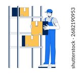 Stock availability and restocking 2D vector illustration. Inventory management. Warehouse worker arranges cardboard boxes on shelves flat character isolated on white background. Colorful cartoon image