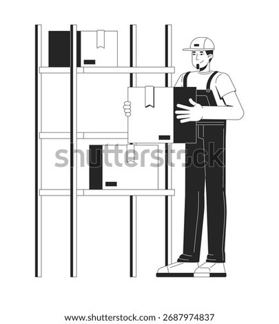 Stock availability and restocking outline illustration. Inventory management. Warehouse worker arranging cardboard boxes on shelves 2D line character isolated. Monochrome vector ink linear image