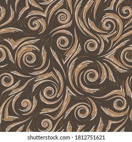 Stock beige vector seamless pattern. Waves or splashes of water. Abstract texture from brush strokes on brown background. Texture for wrapping paper or fabric