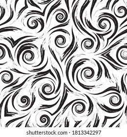 Stock black and white vector seamless pattern. Water waves or splashes. Abstract texture from brush strokes isolated on white background