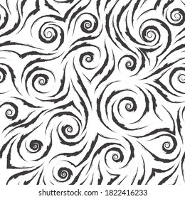 Stock black and white vector seamless pattern. Water waves or splashes. Abstract texture from brush strokes isolated on white background.