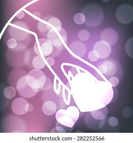 Stock blurred texture with bokeh effect and stylized hand in a graceful gesture with shining hearts