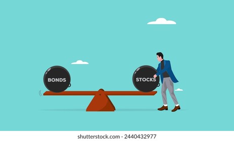 Aktien und Anleihen in Balance-Illustration, Gewichtskugel auf Wippe, die Harmonie und Gleichheit zwischen Aktien und Anleihen symbolisieren, Geschäftsmann das Gewicht von Aktien und Anleihen auf einer Wippe-Illustration ausgleichen