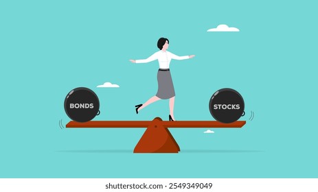 stock and bonds in balance illustration, weight ball on seesaw pictured as balanced balls on scale that symbolize harmony and equity between Stock and bonds that is good and beneficial