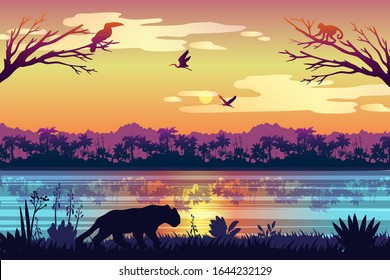 Stock Brazil landscape with hunting predator, morning sky, birds and reflections in water. Rainforest panorama with monkey, toucan, leopard. Jungle banner for backgrounds, advertisements, flyers