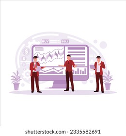 Stock broker with a computer screen with charts, indices, and numbers. Online stock trading concept. Trend Modern vector flat illustration