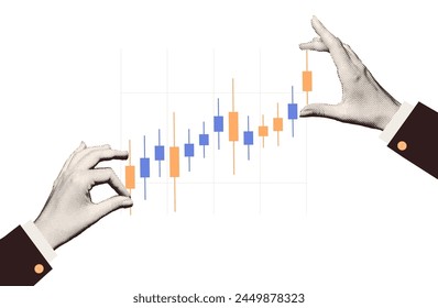 Manos de corredores de bolsa manteniendo la pista de la tabla de candelabros japoneses en estilo de collage de semitonos vintage de moda. Concepto de comercio en línea. Mercado financiero. Comerciantes y corredores de bolsa. Ilustración vectorial.