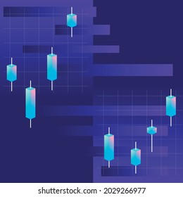 Stock candlesticks on the background of growth and fall with charts in the background. It symbolizes success in business, trading and finance on the stock exchange. For the design of materials