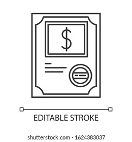 Stock certificate pixel perfect linear icon. Corporate law. Share ownership. Investment. Thin line customizable illustration. Contour symbol. Vector isolated outline drawing. Editable stroke