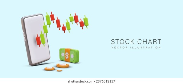 Stock chart concept. Realistic smartphone, chart with Japanese candles, money. Stock trading. Horizontal template, advertising of financial phone application. Course tracking online