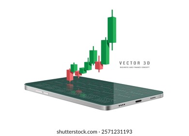 Stock Chart or Cryptocurrency Chart or candlestick uptrend from red to green and profitable for trader. all place on mobile phone, vector 3d isolated for making media about stock trading investment