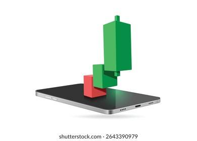 Stock Chart or Cryptocurrency Chart or candlestick uptrend from red to green and profitable for trader. all place on mobile phone, vector 3d isolated for making media about stock trading investment