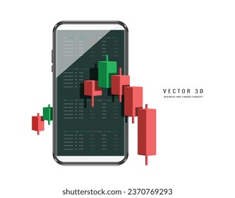 Gráfico de cotizaciones o gráfico de criptodivisa Descenso de verde a rojo y Causar daños y pérdidas a los inversores y todo lugar en la pantalla de un smartphone, vector 3d aislado en fondo blanco para diseño de finanzas