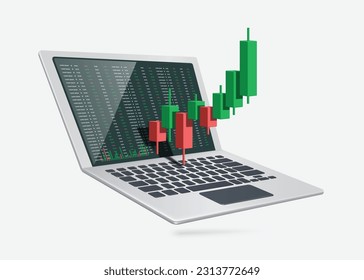 Gráfico de cotizaciones o Gráfico de criptodivisa Aumento de la tendencia de rojo a verde y rentable para el comerciante y todo lugar en la pantalla de ordenador portátil, vector 3d aislado para hacer medios sobre la inversión en bolsa