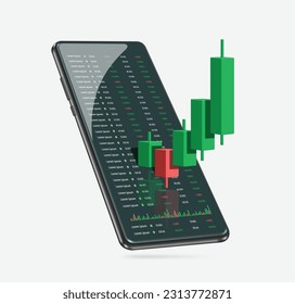 Stock Chart or Cryptocurrency Chart uptrend from red to green and profitable for trader and all place on smartphone screen ,vector 3d isolated for making media about stock trading investment