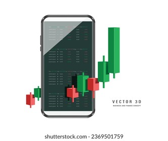 Stock Chart or Cryptocurrency Chart uptrend from red to green and profitable for trader and all place on smartphone screen ,vector 3d isolated for making media about stock trading investment