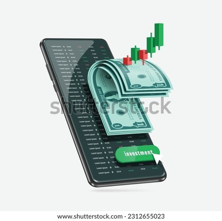 Stock Chart or Cryptocurrency Chart uptrend from red to green and profitable for trader and all place on dollar and smartphone ,vector 3d isolated for making media about stock trading investment