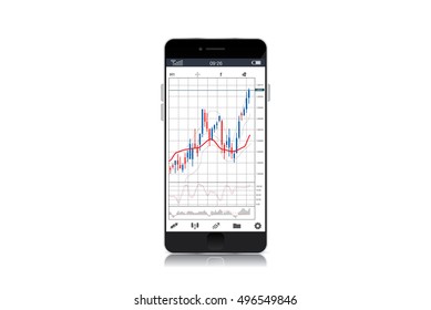 Stock chart on screen of black smart phone isolated on white background. Vector object about financial.