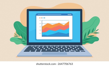 Stock chart on a website on a laptop screen. Vector graphics in flat design style. Chart with marketing results. Laptop with data.