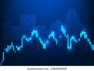 Stock chart is a technology created to display financial market prices for investors to analyze buy or sell. Candlestick chart with a building on the back. It represents how to grow your business.