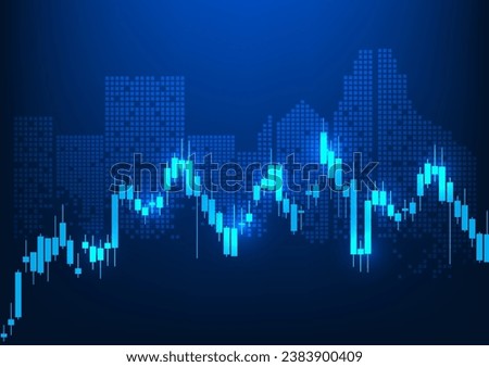 Stock chart is a technology created to display financial market prices for investors to analyze buy or sell. Candlestick chart with a building on the back. It represents how to grow your business.