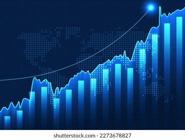 Gráfico de acciones Se dice que muestra el crecimiento progresivo de la empresa, incrementando los ingresos de la empresa y expandiéndose a diferentes países. Fondo azul oscuro y líneas de cuadrícula