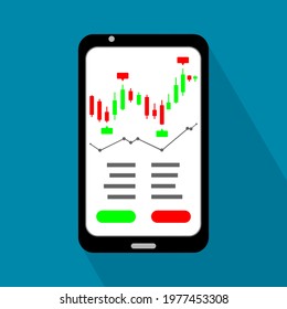 Stock chart trade shares or cryptocurrency in application on smartphone or mobile phone with blue background flat icon vector.