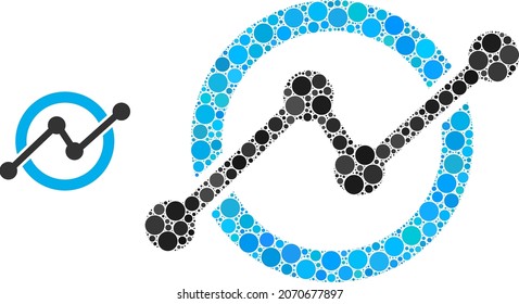 Stock chart vector mosaic of circle dots in variable sizes and color tints. Circle dots are combined into stock chart vector mosaic. Abstract vector design concept.