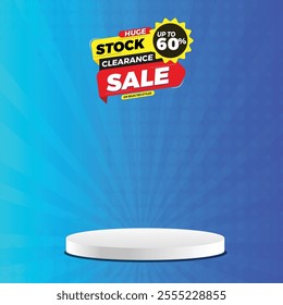 Stock clearance sale banner design with podium,
product display banner with Huge stock clearance sale. clearance sale background template promotion,
Big sale offer with podium. 70% off.