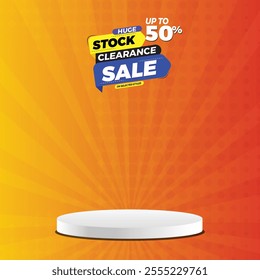 Stock clearance sale banner design with podium,
product display banner with Huge stock clearance sale. clearance sale background template promotion,
Big sale offer with podium. 70% off. 