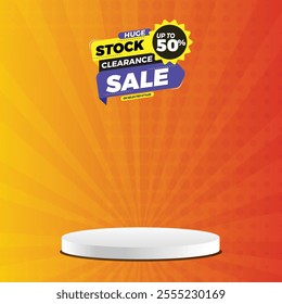 Stock clearance sale banner design with podium,
product display banner with Huge stock clearance sale. clearance sale background template promotion,
Big sale offer with podium. 70% off. 