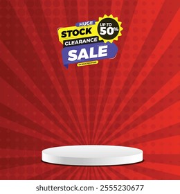 Stock clearance sale banner design with podium,
product display banner with Huge stock clearance sale. clearance sale background template promotion,
Big sale offer with podium. 70% off.