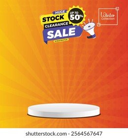 Stock clearance sale banner design with podium,
product display banner with Huge stock clearance sale. clearance sale background template promotion,
Big sale offer with podium. 70% off. 