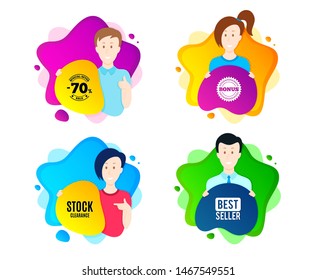 Stock clearance sale symbol. People shape offer badge. Special offer price sign. Advertising discounts symbol. Dynamic shape offer. Worker person badge. Cut out people coupon. Vector