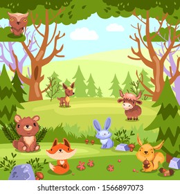 Stock colorful vector background with forest landscape and wild baby animals. Cute concept for nursery posters, games for kids, wallpapers, kindergartens, etc.