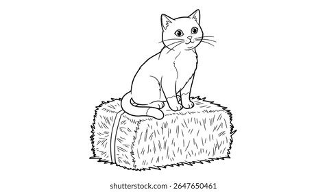 Stock Coloring Page Featuring a Cat Sitting on a Hay Bale