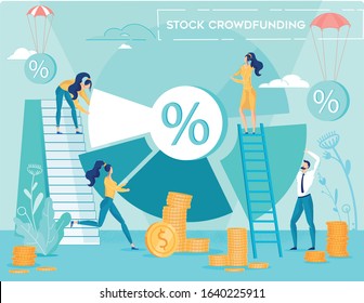 Stock Crowdfunding and Fundraising. Return on Business Investment and Profit Collection. People Analytics Team Calculating and Discussing Income Percentage Round Diagram. Vector Illustration