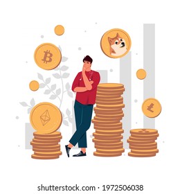 Stock crypto abstract concept vector illustration. Businessman in casual clothes thinking which crypto currency is the best for investment or trading. Bitcoin, Dogecoin, Ethereum, Litecoin, Ripple.