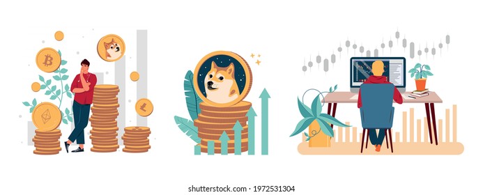 Stock crypto abstract concept vector illustration set. Cryptocurrency exchange or transaction process abstract. Digital money market, blockchain, bitcoin, dogecoin, cryptocurrency mining, finance. svg