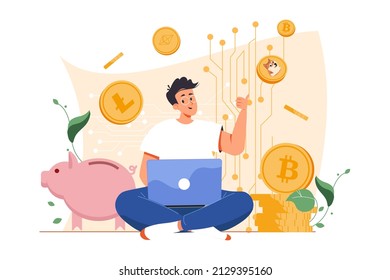 Stock crypto abstract concept vector illustration. Man working on laptops with giant cryptocoins. Cryptocurrency platform for exchange of bitcoins and digital currencies. Crypto currency mining.