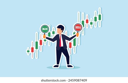 Stock and crypto trading investment, wealth management, financial decision making, concept of Businessman investment analyst holds buy sell sign with candlestick chart