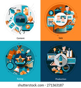Stock design concept set with content sale rating and production flat icons isolated vector illustration