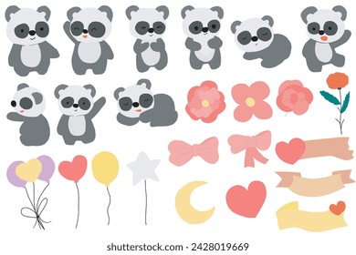 ilustración de dibujos animados de panda con flor y corbata de cinta