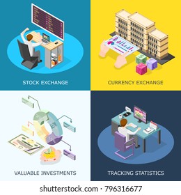 Stock exchange 2x2 design concept with tracking statistics valuable investment currency exchange square icons isometric vector illustration 
