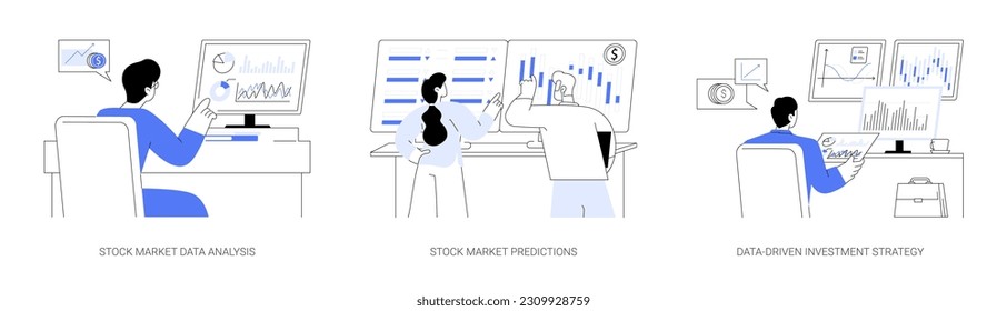 Stock exchange abstract concept vector illustration set. Stock market data analysis and predictions, data-driven money investment strategy, financial growth, getting income abstract metaphor.