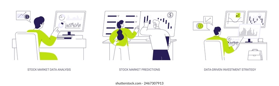 Stock exchange abstract concept vector illustration set. Stock market data analysis and predictions, data-driven money investment strategy, financial growth, getting income abstract metaphor.