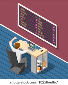 Stock exchange background with broker looking for stock market quotes on display isometric vector illustration